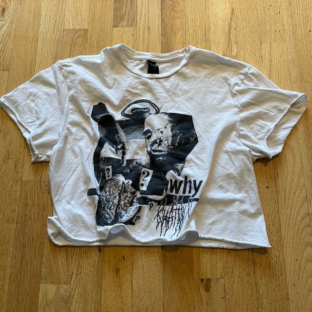 Grunge Reworked Graphic Cropped Baby Tee Skull Why Raw Hem Alt Gothic Indie M